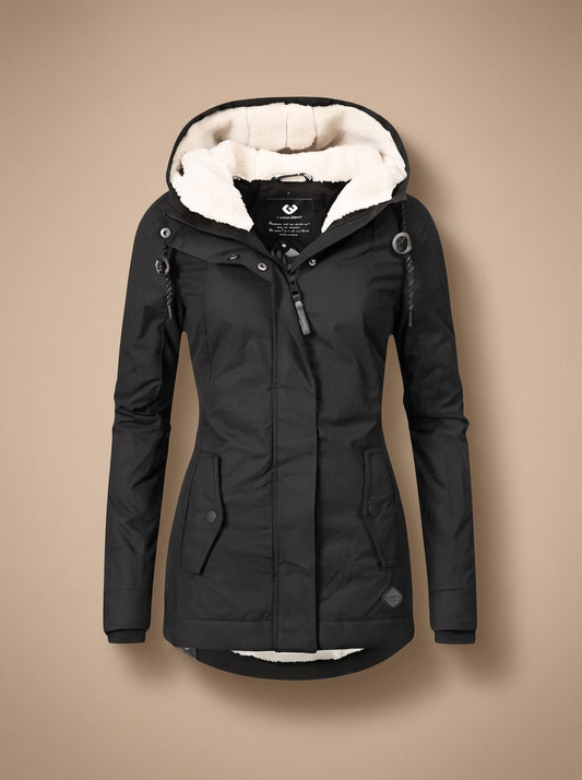 Wasserabweisende Damen-Winterjacke mit Teddyfutter, Kapuze und Pattentaschen in Schwarz