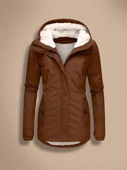 Wasserabweisende Damen-Winterjacke mit Teddyfutter, Kapuze und Pattentaschen in Braun