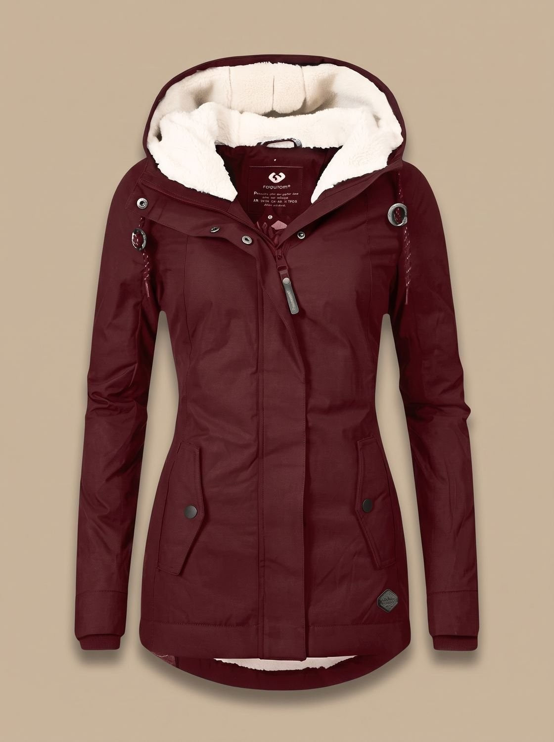 Wasserabweisende Damen-Winterjacke mit Teddyfutter, Kapuze und Pattentaschen in Rot