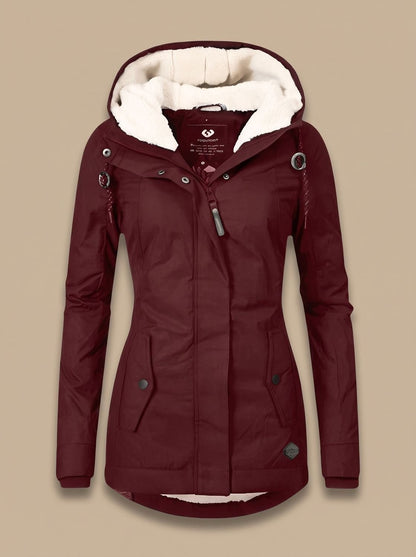 Wasserabweisende Damen-Winterjacke mit Teddyfutter, Kapuze und Pattentaschen in Rot