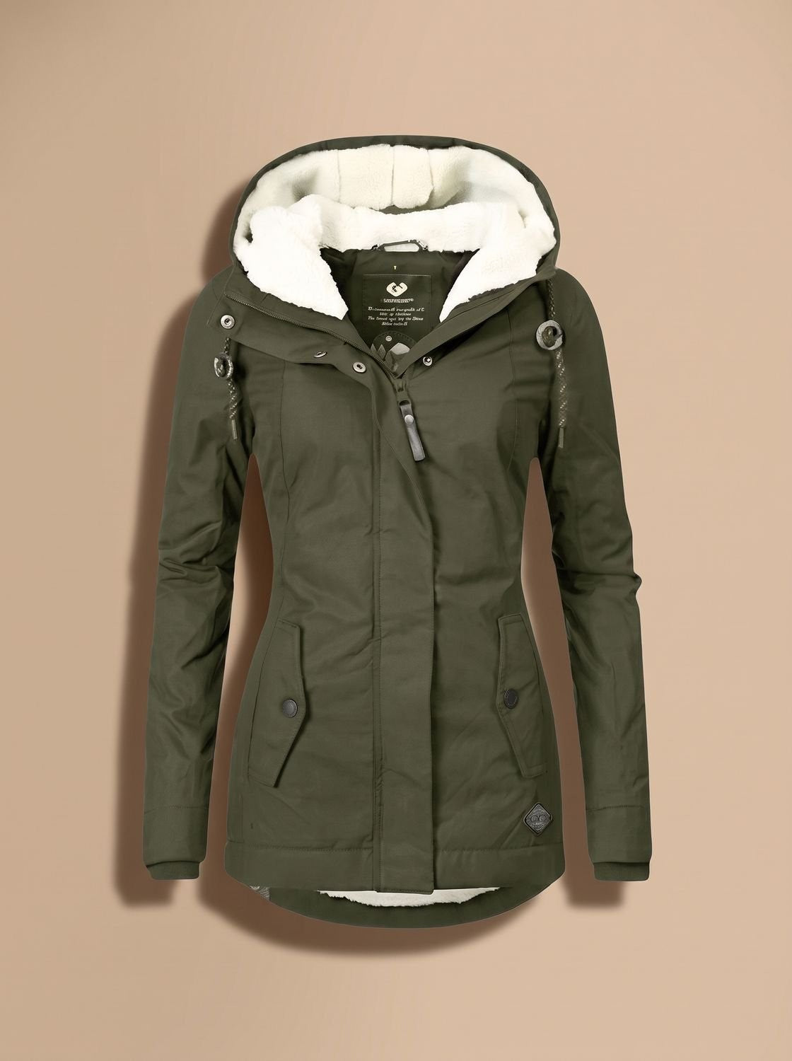 Wasserabweisende Damen-Winterjacke mit Teddyfutter, Kapuze und Pattentaschen in Grün