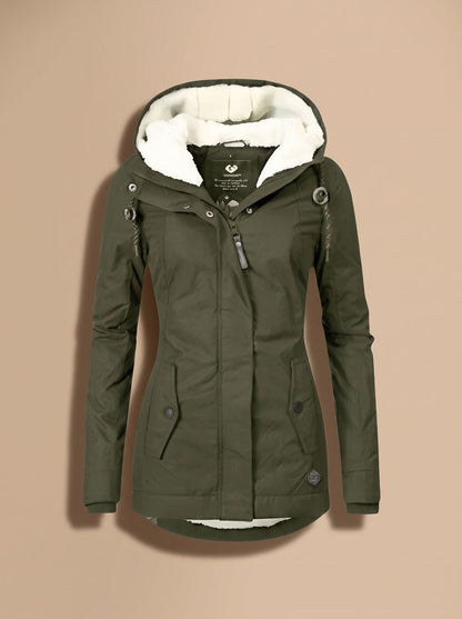 Wasserabweisende Damen-Winterjacke mit Teddyfutter, Kapuze und Pattentaschen in Grün