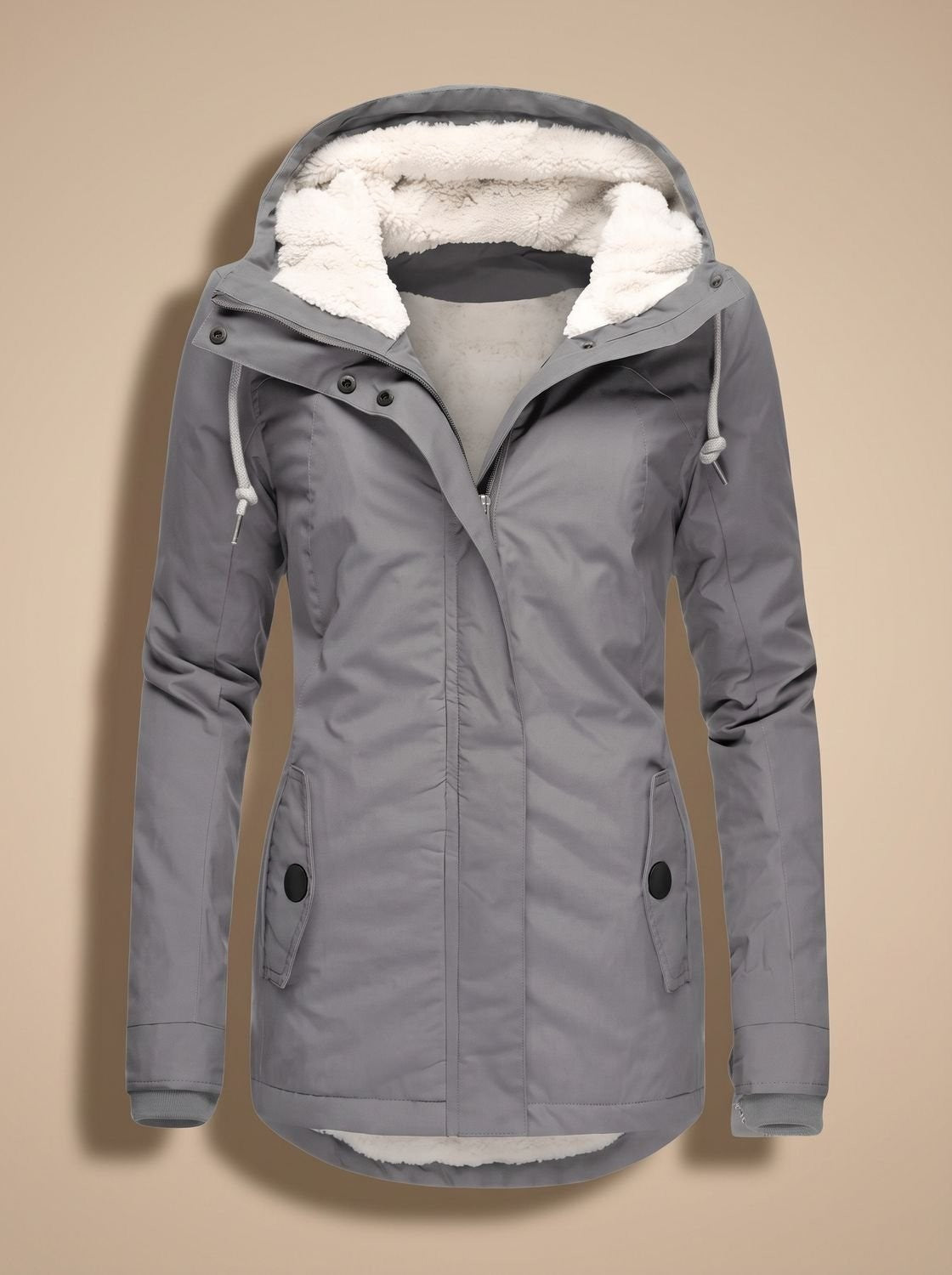 Wasserabweisende Damen-Winterjacke mit Teddyfutter, Kapuze und Pattentaschen in Grau
