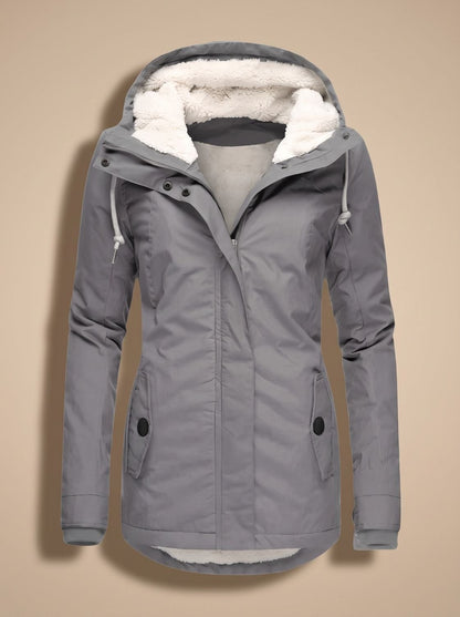 Wasserabweisende Damen-Winterjacke mit Teddyfutter, Kapuze und Pattentaschen in Grau