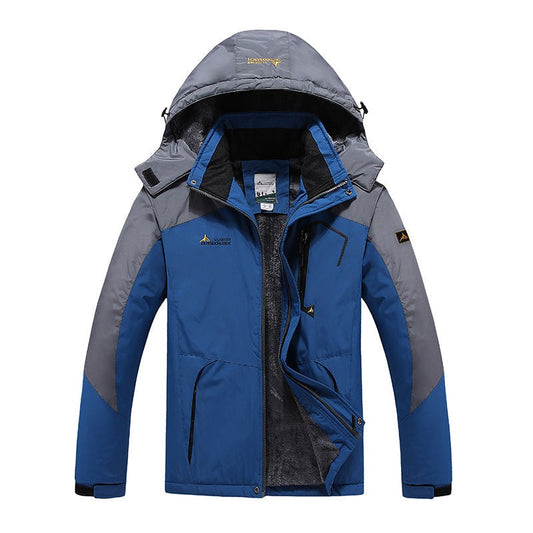 Wasserabweisende Herren-Outdoorjacke mit abnehmbarer Kapuze, Plüschfutter und Stehkragen in Blau