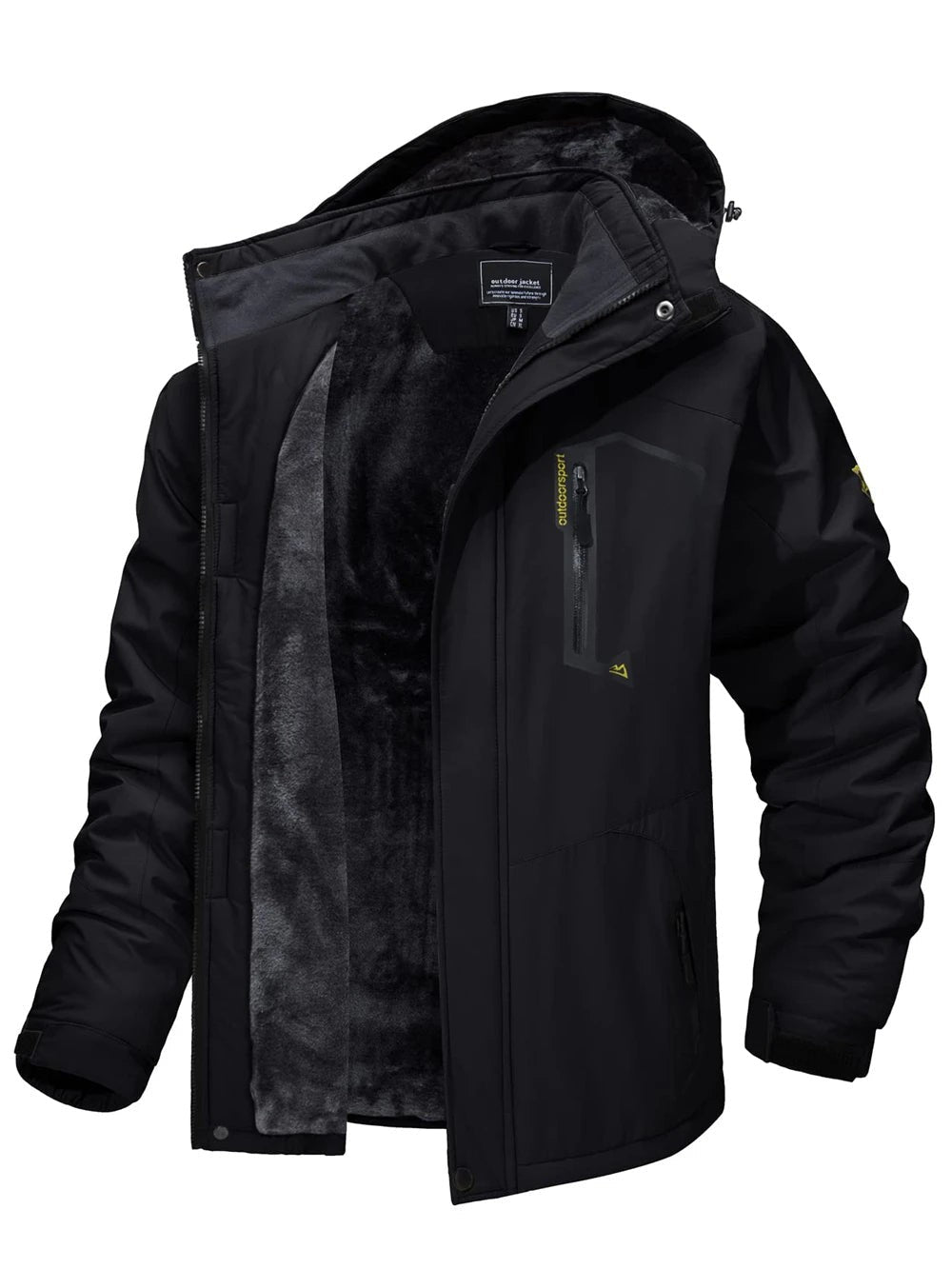 Wasserabweisende Herren-Outdoorjacke mit abnehmbarer Kapuze, Plüschfutter und Stehkragen in Schwarz