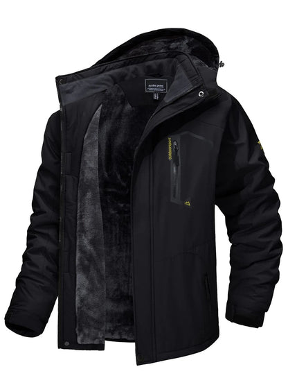 Wasserabweisende Herren-Outdoorjacke mit abnehmbarer Kapuze, Plüschfutter und Stehkragen in Schwarz
