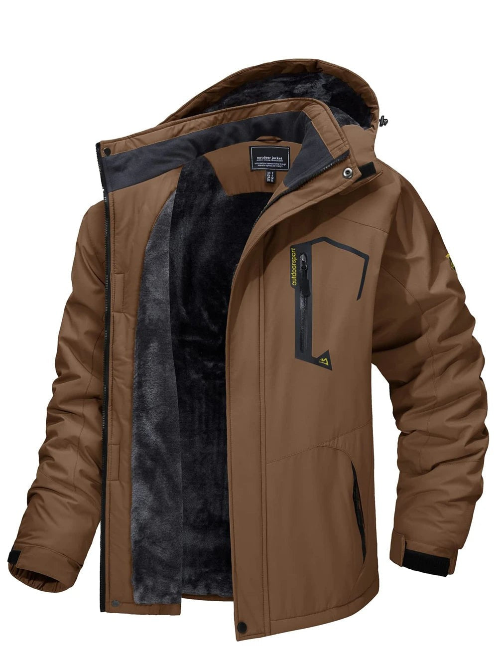 Wasserabweisende Herren-Outdoorjacke mit abnehmbarer Kapuze, Plüschfutter und Stehkragen in Braun