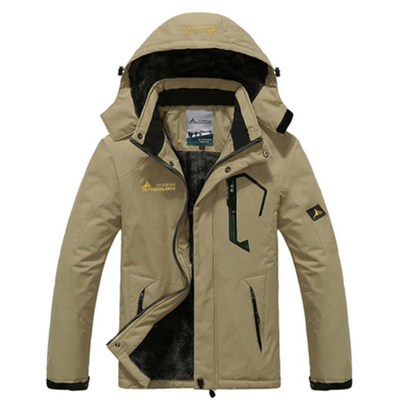 Wasserabweisende Herren-Outdoorjacke mit abnehmbarer Kapuze, Plüschfutter und Stehkragen in Beige
