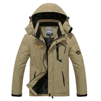 Wasserabweisende Herren-Outdoorjacke mit abnehmbarer Kapuze, Plüschfutter und Stehkragen in Beige