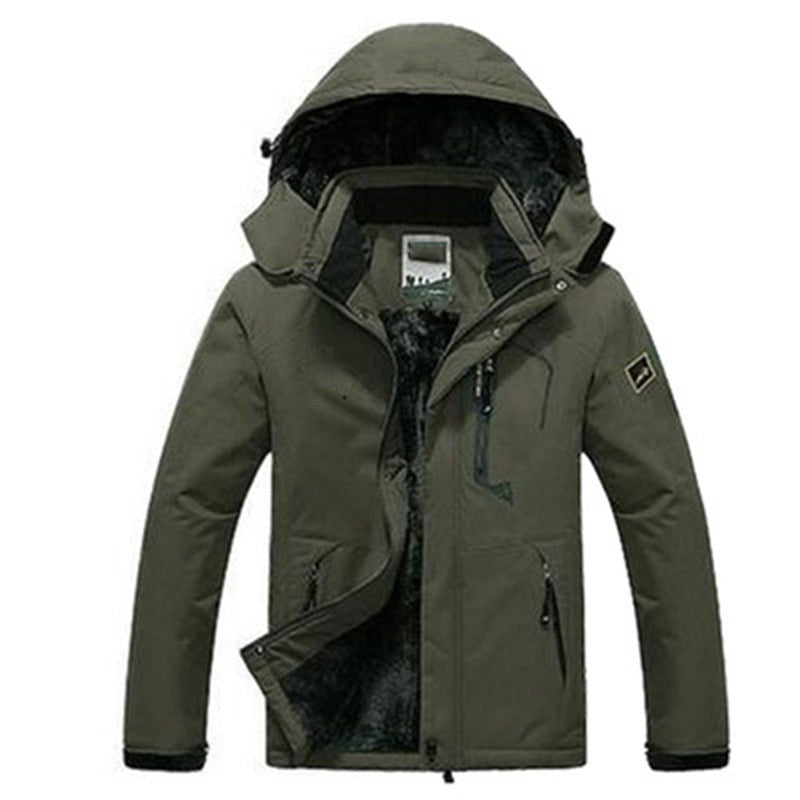 Wasserabweisende Herren-Outdoorjacke mit abnehmbarer Kapuze, Plüschfutter und Stehkragen in Dunkelgrün