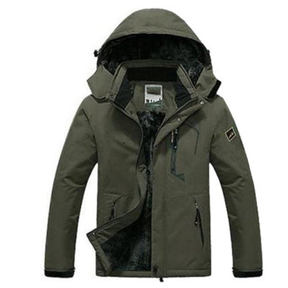 Wasserabweisende Herren-Outdoorjacke mit abnehmbarer Kapuze, Plüschfutter und Stehkragen in Dunkelgrün