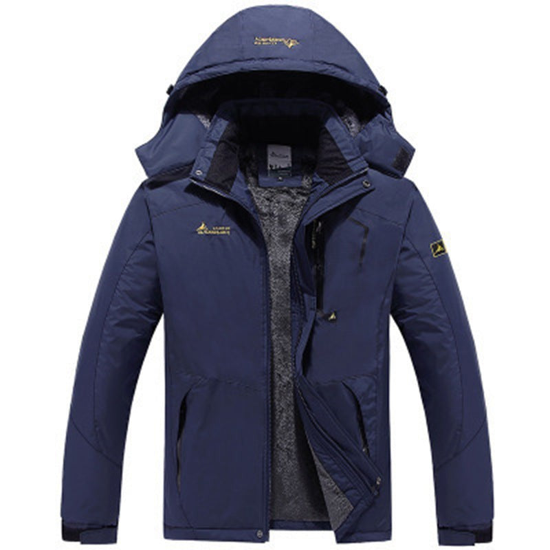 Wasserabweisende Herren-Outdoorjacke mit abnehmbarer Kapuze, Plüschfutter und Stehkragen in Dunkelblau