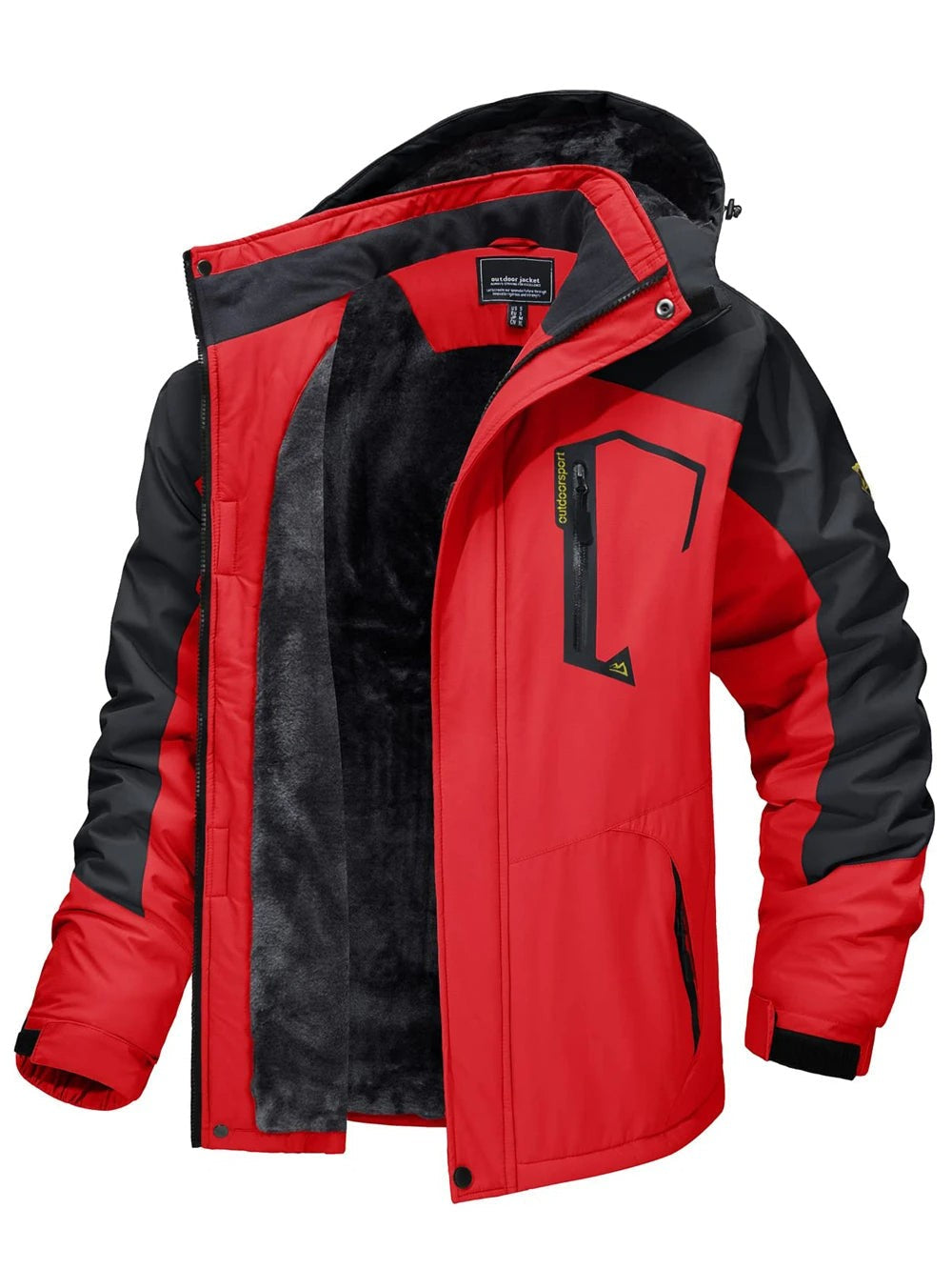 Wasserabweisende Herren-Outdoorjacke mit abnehmbarer Kapuze, Plüschfutter und Stehkragen in Rot
