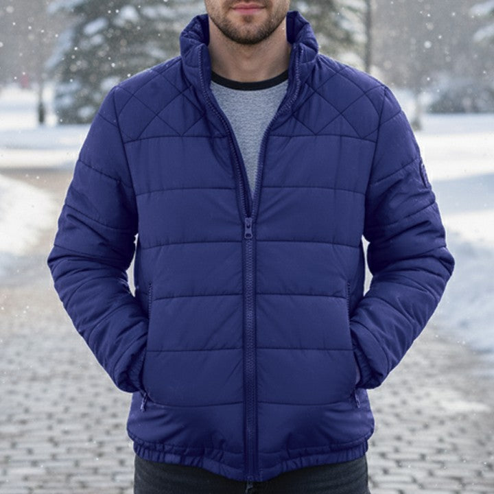 Wasserabweisende Herren-Pufferjacke mit Stehkragen und Reißverschlusstaschen in Dunkelblau