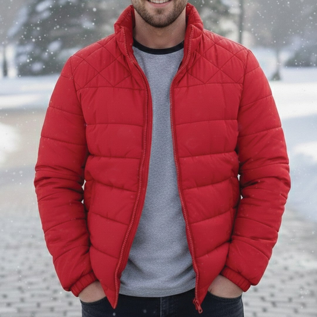 Wasserabweisende Herren-Pufferjacke mit Stehkragen und Reißverschlusstaschen in Rot