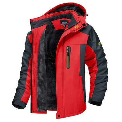 Wasserabweisende Herren-Winterjacke mit Fleecefutter, Kapuze und hohem Kragen in Rot