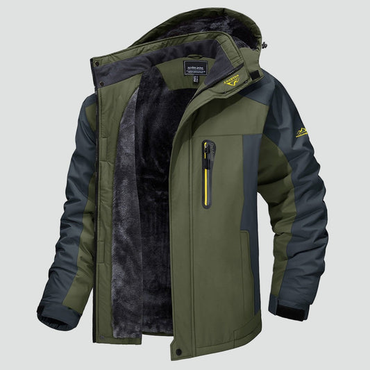Wasserabweisende Herren-Winterjacke mit Fleecefutter, Kapuze und hohem Kragen in Grün