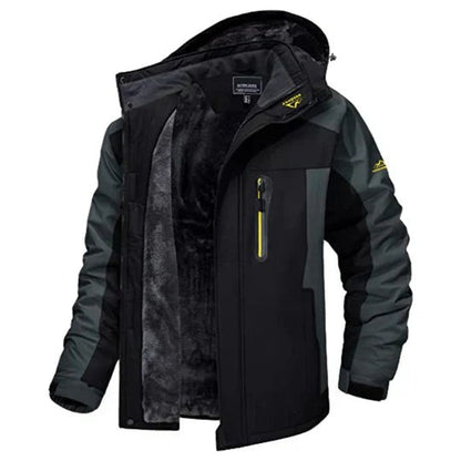 Wasserabweisende Herren-Winterjacke mit Fleecefutter, Kapuze und hohem Kragen in Schwarz