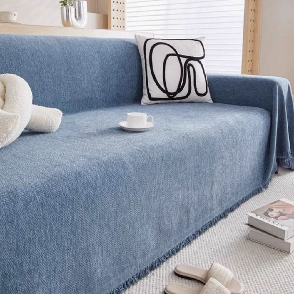 Wasserabweisender Sofaüberwurf aus Chenille mit Fransenkante, maschinenwaschbar für Sofa und Couch in Blau