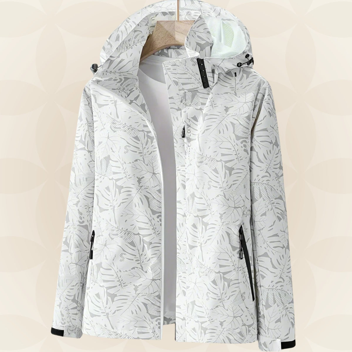 Wasserdichte Damen-Funktionsjacke mit verstellbarer Kapuze und Blätterprint in Weiß