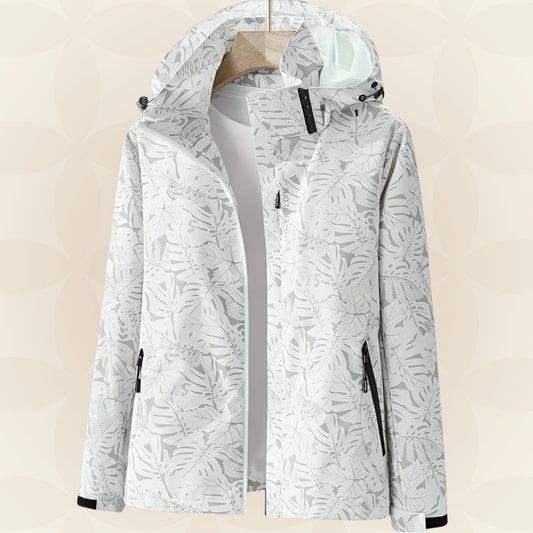 Wasserdichte Damen-Funktionsjacke mit verstellbarer Kapuze und Blätterprint in Weiß