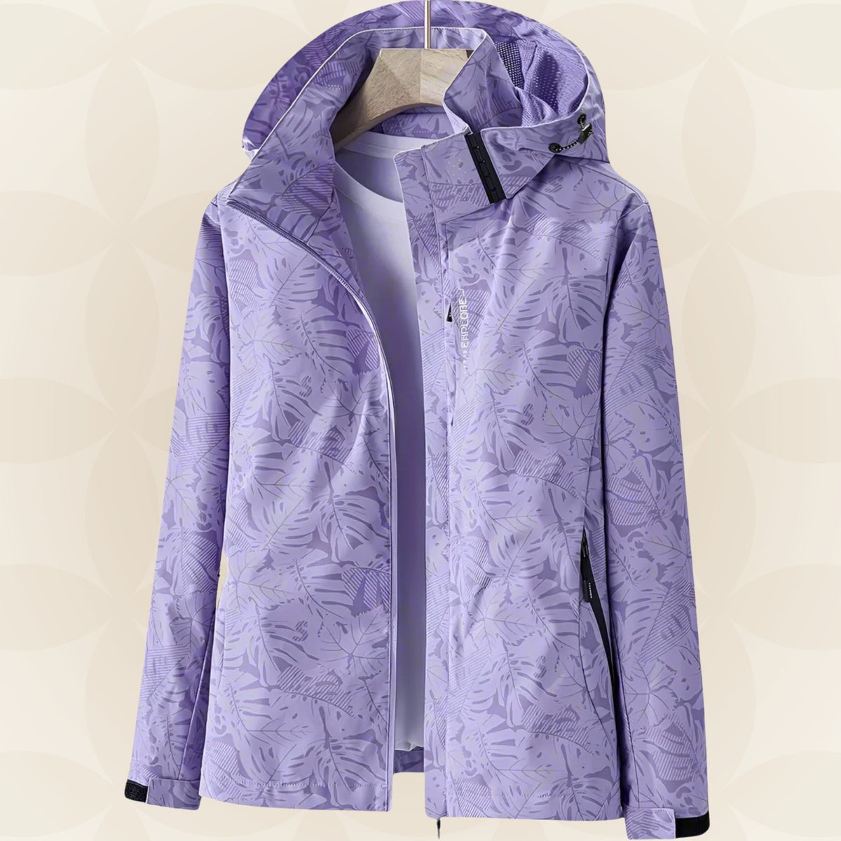 Wasserdichte Damen-Funktionsjacke mit verstellbarer Kapuze und Blätterprint in Lila