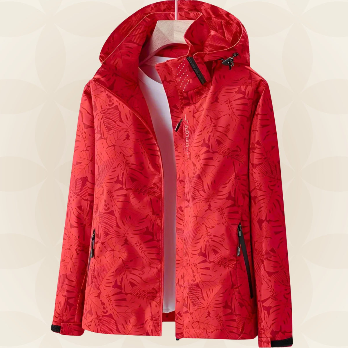 Wasserdichte Damen-Funktionsjacke mit verstellbarer Kapuze und Blätterprint in Rot