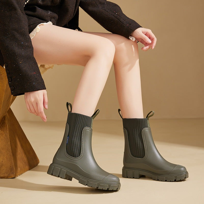 Wasserdichte Damen-Gummistiefel im Chelsea-Stil mit Strickschaft und Profilsohle, Ansicht 6