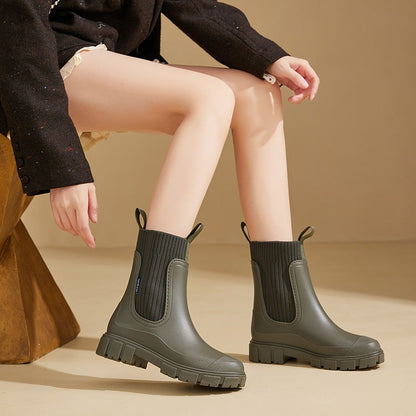 Wasserdichte Damen-Gummistiefel im Chelsea-Stil mit Strickschaft und Profilsohle, Ansicht 6