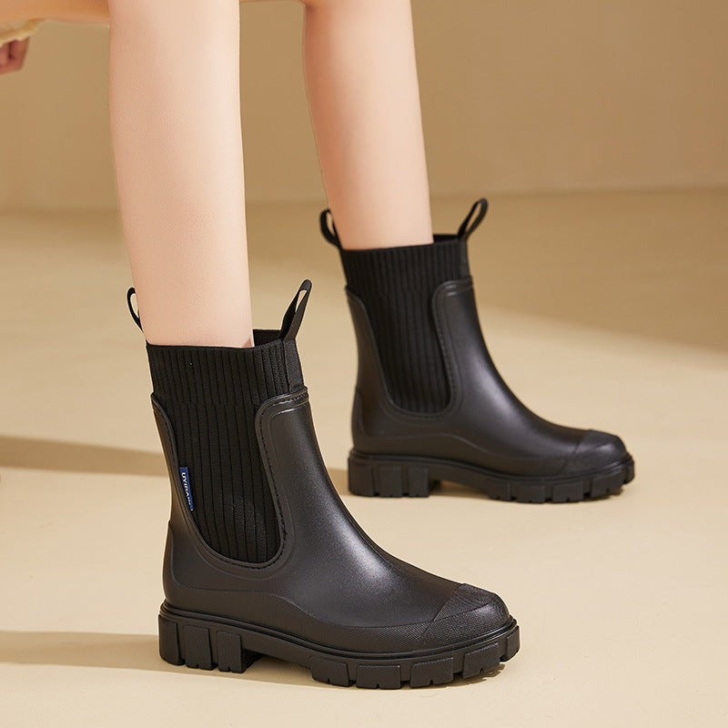 Wasserdichte Damen-Gummistiefel im Chelsea-Stil mit Strickschaft und Profilsohle, Ansicht 7