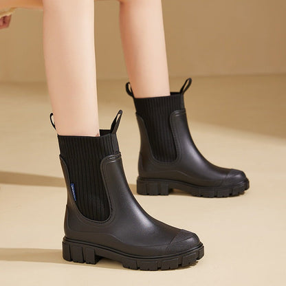 Wasserdichte Damen-Gummistiefel im Chelsea-Stil mit Strickschaft und Profilsohle, Ansicht 7
