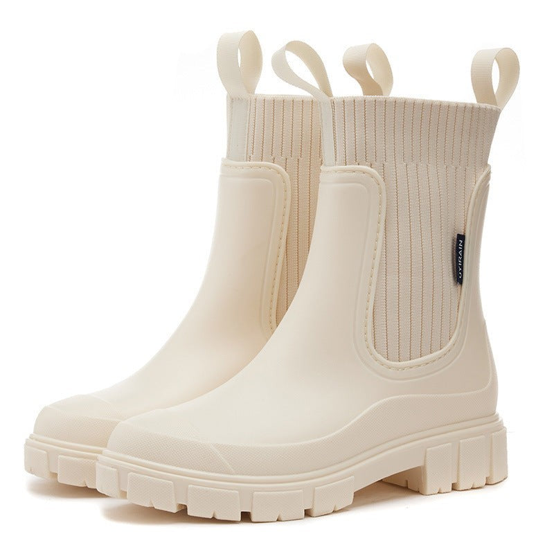 Wasserdichte Damen-Gummistiefel im Chelsea-Stil mit Strickschaft und Profilsohle in Beige
