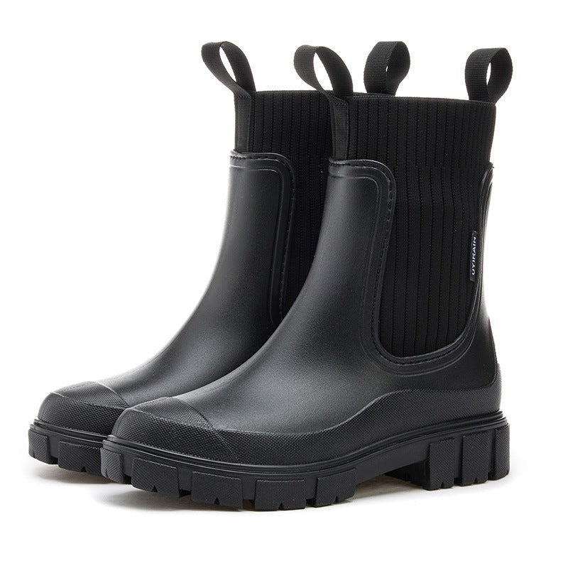 Wasserdichte Damen-Gummistiefel im Chelsea-Stil mit Strickschaft und Profilsohle in Schwarz