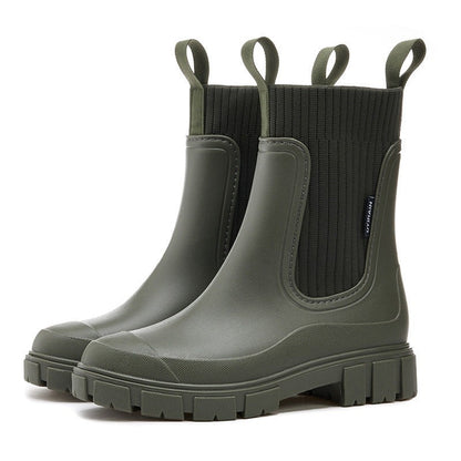 Wasserdichte Damen-Gummistiefel im Chelsea-Stil mit Strickschaft und Profilsohle in Grün