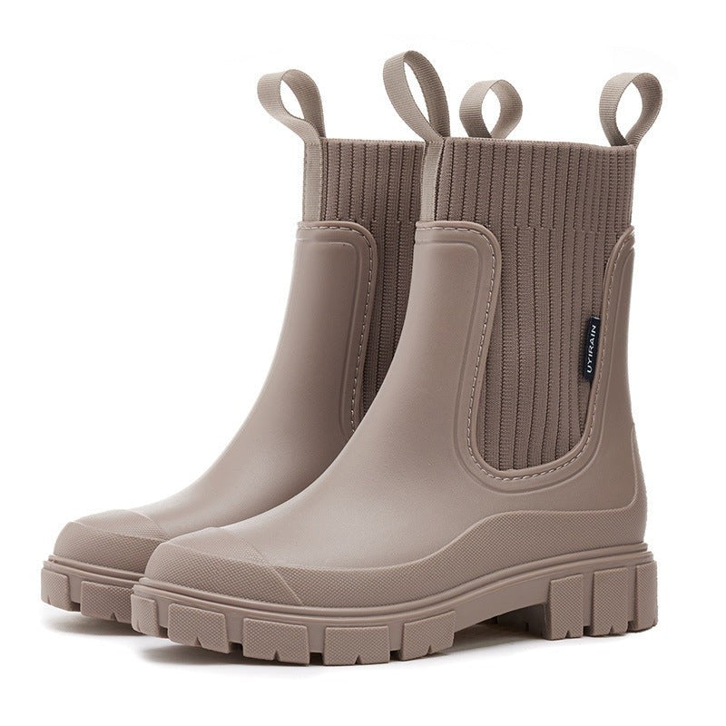 Wasserdichte Damen-Gummistiefel im Chelsea-Stil mit Strickschaft und Profilsohle in Khaki