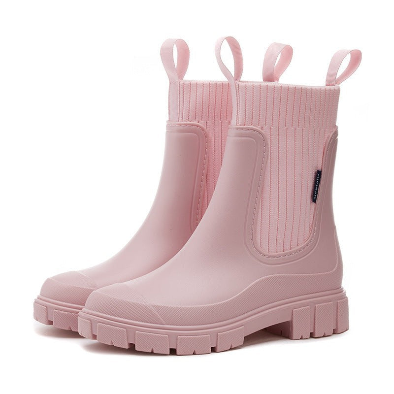 Wasserdichte Damen-Gummistiefel im Chelsea-Stil mit Strickschaft und Profilsohle in Rosa