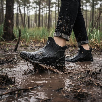 Wasserdichte Gummistiefel aus PVC mit rutschfester Profilsohle und Textilfutter, knöchelhoch für Garten und Outdoor in Schwarz