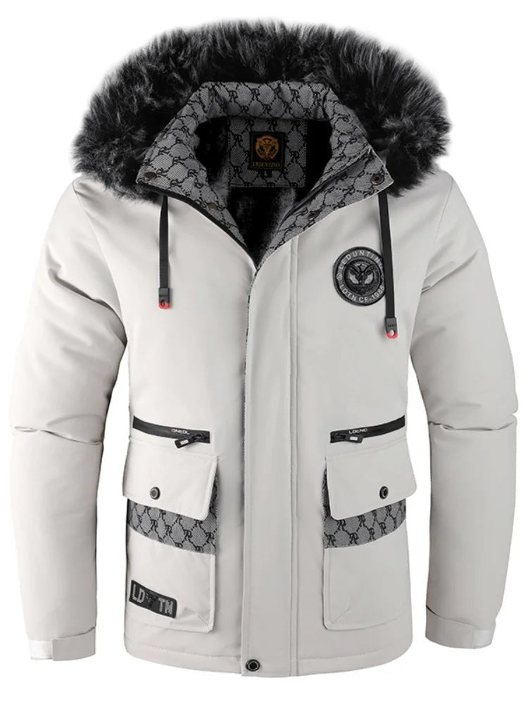 Wasserdichte Herren-Winterjacke mit Kapuze, Kunstfellbesatz und Fleecefutter in Weiß
