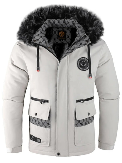 Wasserdichte Herren-Winterjacke mit Kapuze, Kunstfellbesatz und Fleecefutter in Weiß