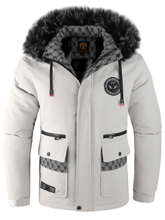 Wasserdichte Herren-Winterjacke mit Kapuze, Kunstfellbesatz und Fleecefutter in Weiß
