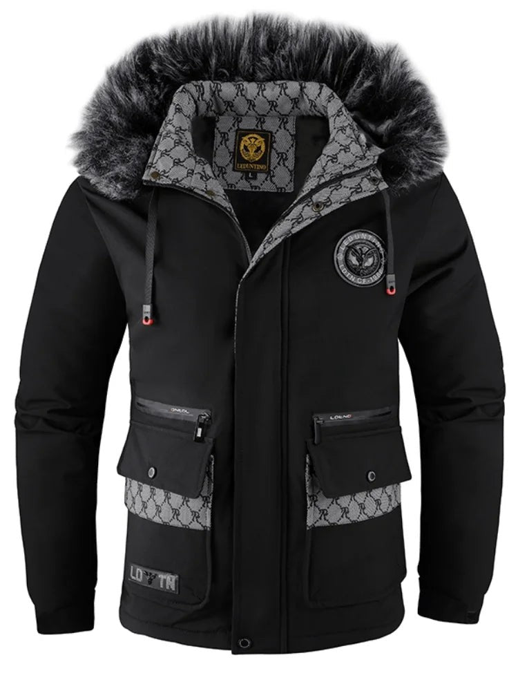 Wasserdichte Herren-Winterjacke mit Kapuze, Kunstfellbesatz und Fleecefutter in Schwarz