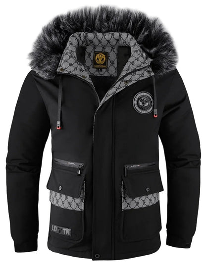 Wasserdichte Herren-Winterjacke mit Kapuze, Kunstfellbesatz und Fleecefutter in Schwarz