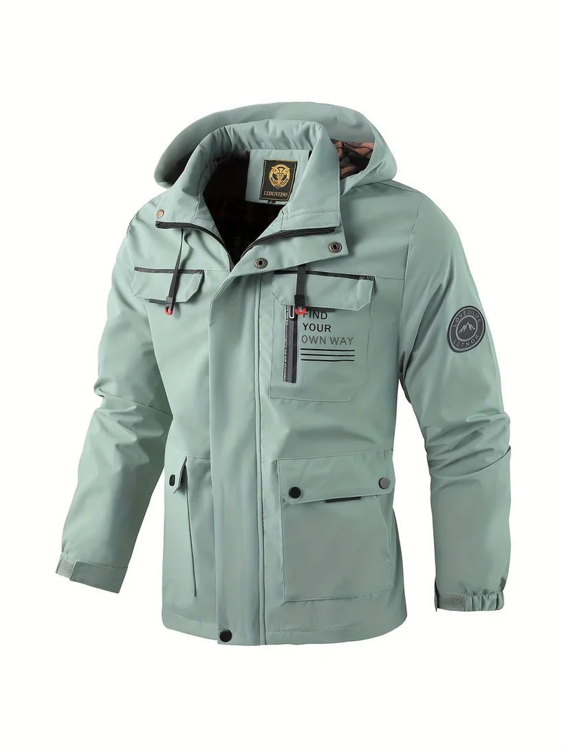 Wasserdichte Herren-Winterjacke mit verstellbarer Kapuze, gefütterter Innenseite und Pattentaschen in Hellgrün