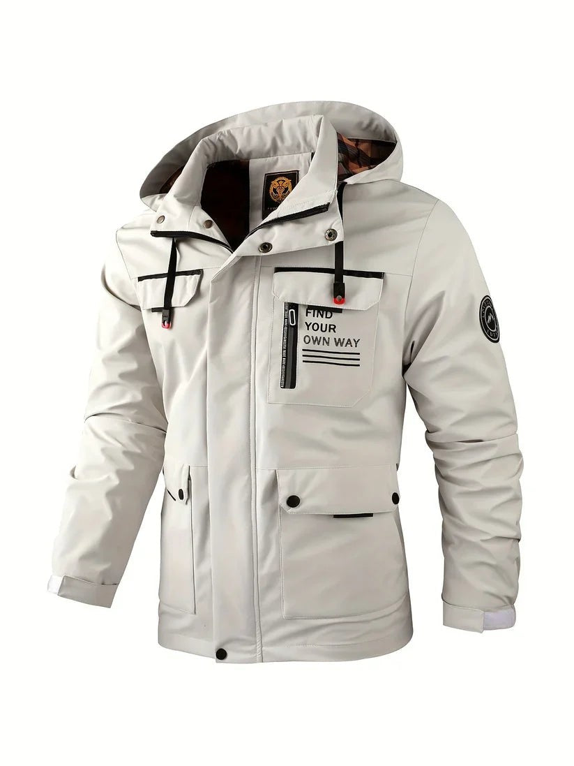 Wasserdichte Herren-Winterjacke mit verstellbarer Kapuze, gefütterter Innenseite und Pattentaschen in Weiß