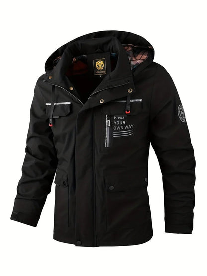 Wasserdichte Herren-Winterjacke mit verstellbarer Kapuze, gefütterter Innenseite und Pattentaschen in Schwarz