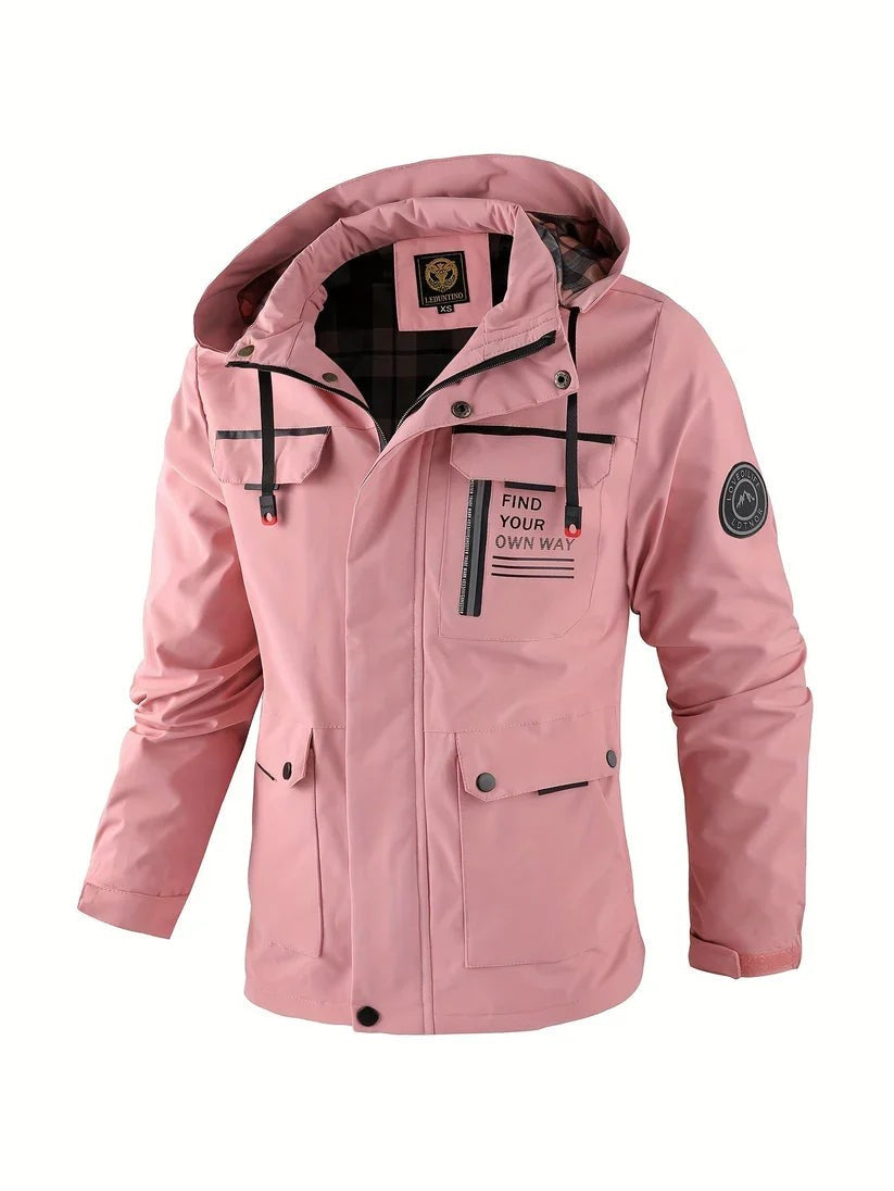 Wasserdichte Herren-Winterjacke mit verstellbarer Kapuze, gefütterter Innenseite und Pattentaschen in Rosa