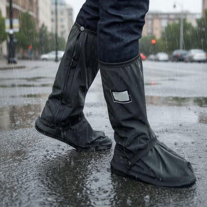 Schwarze Schuhüberzieher mit hohem Schaft auf nasser Straße