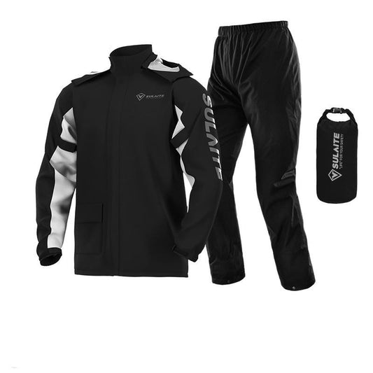 Wasserdichter Regenanzug aus Polyester mit Jacke, Hose und Packbeutel für Motorrad, Rad und Wandern in Schwarz
