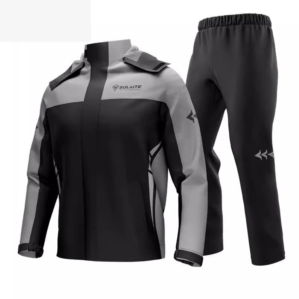 Wasserdichter Regenanzug aus Polyester mit Jacke, Hose und Packbeutel für Motorrad, Rad und Wandern in Schwarz-Grau